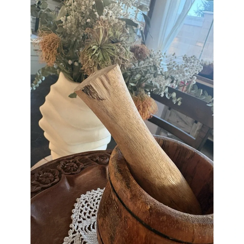 Vintage Handmade Wooden Mortar and Pestle Set - Solid Wood Herb & Spice Grinder